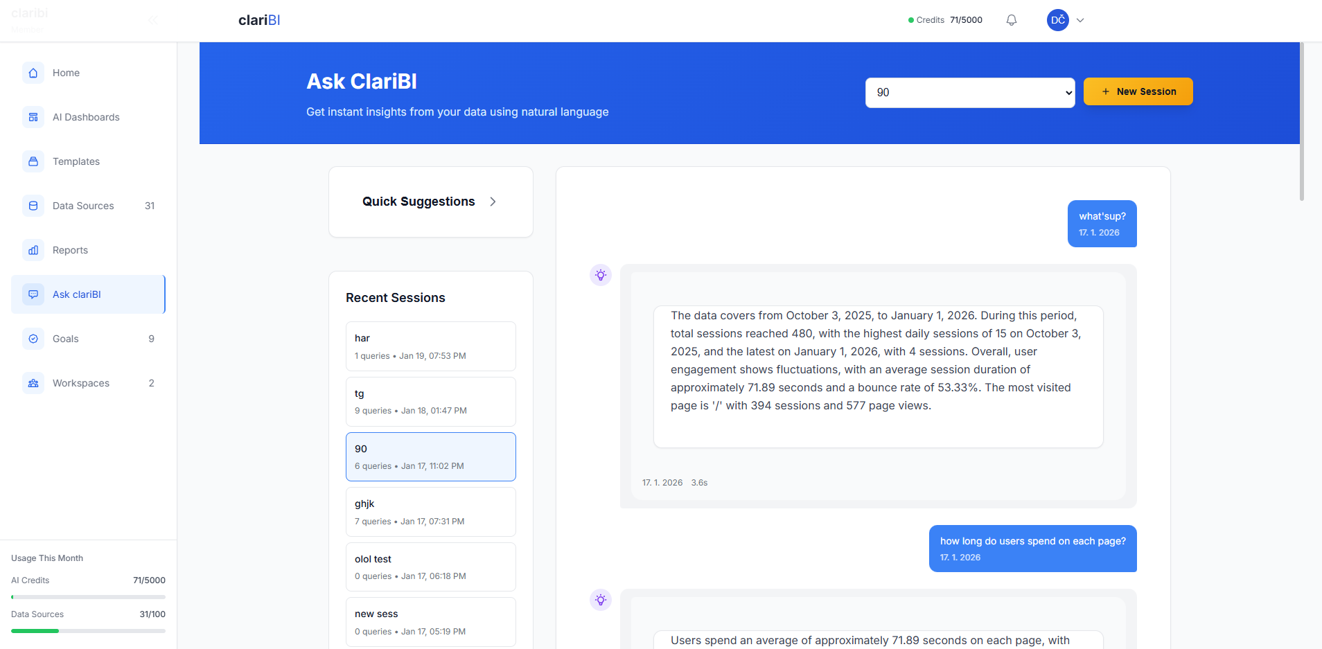 clariBI conversational analytics interface showing AI-powered chat