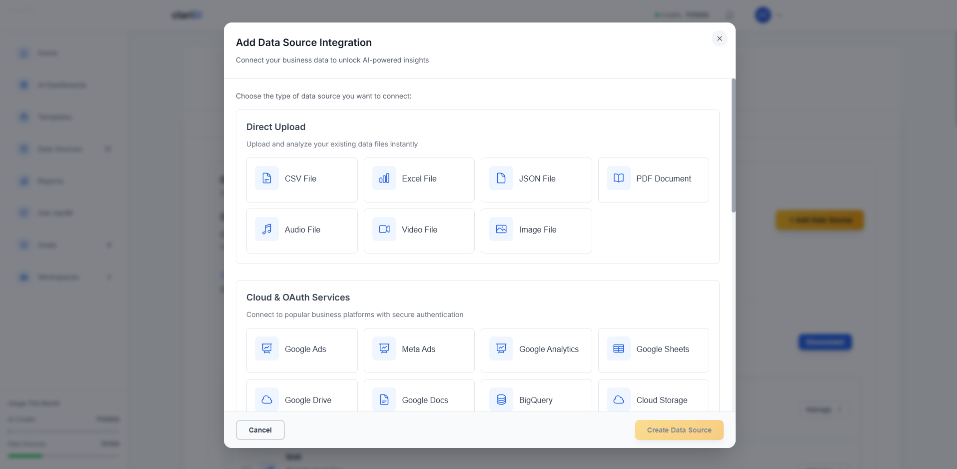 clariBI data source connections interface with multiple integration options