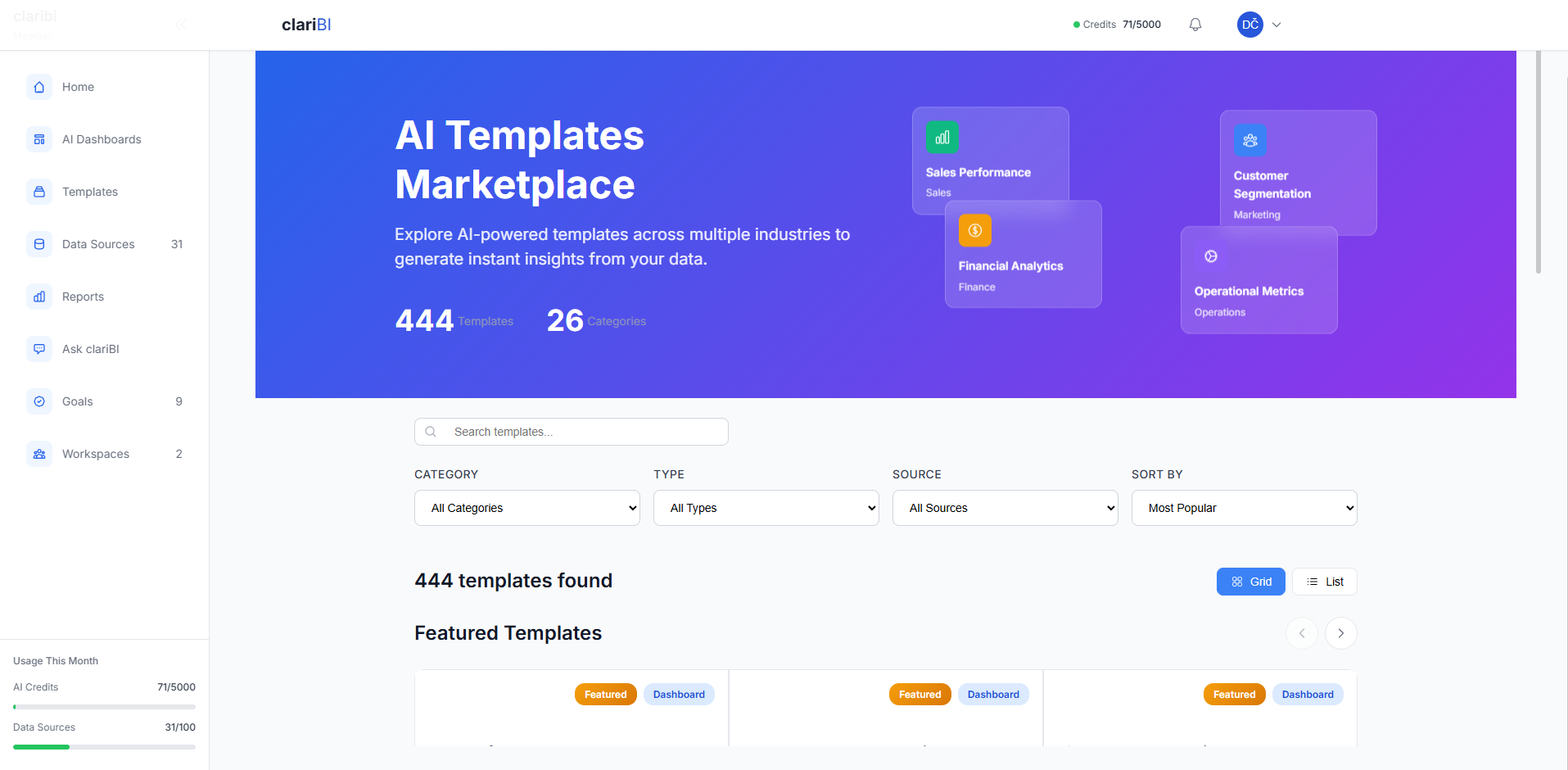 clariBI template marketplace showing available business analysis templates