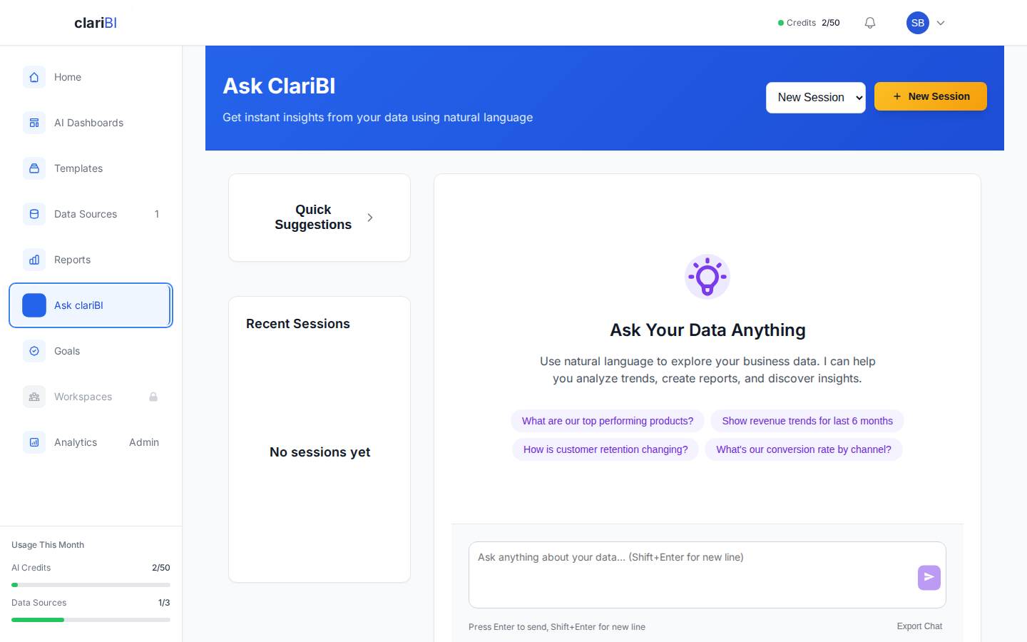 clariBI Ask ClariBI page with natural language chat input and sample query suggestions