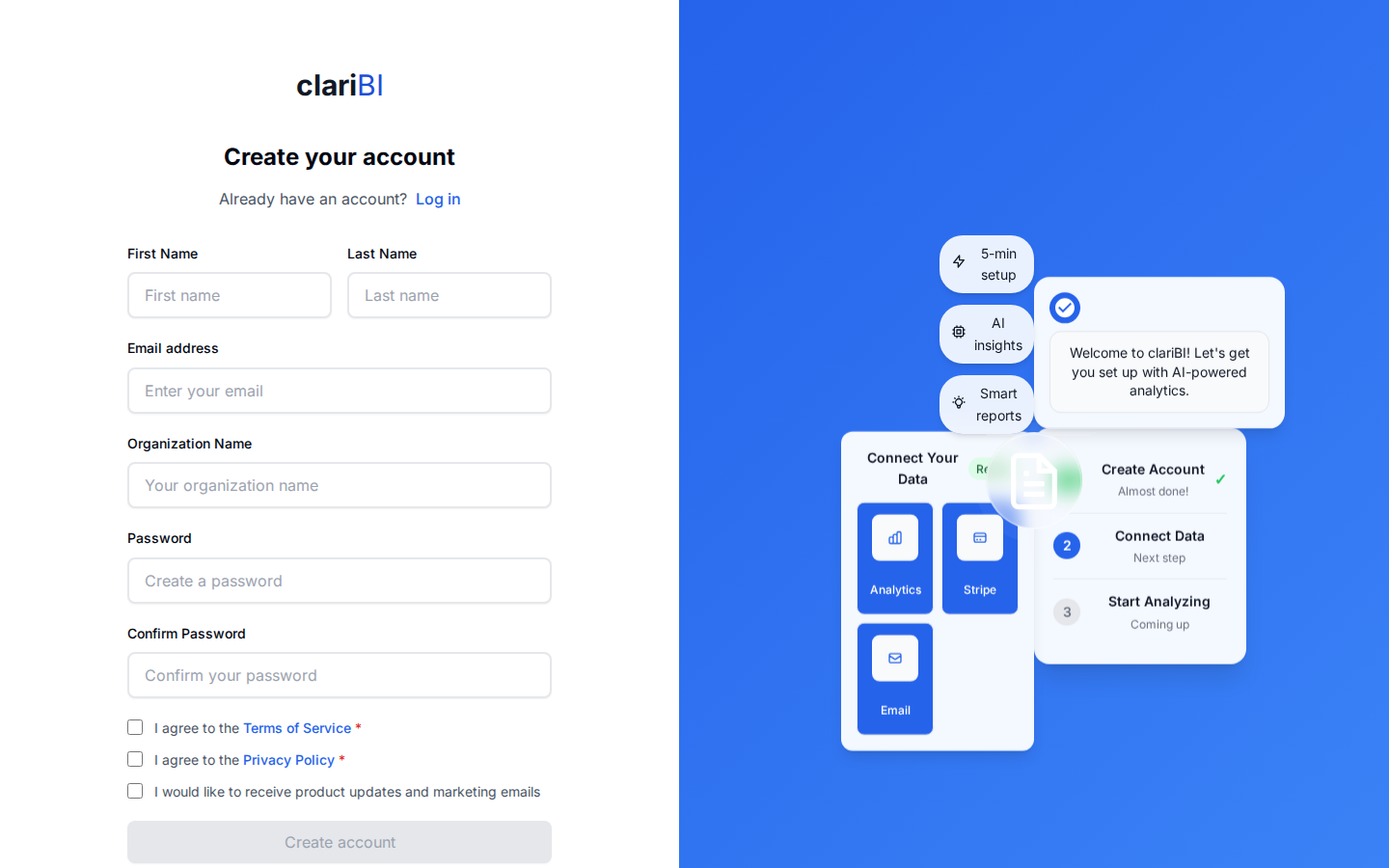 clariBI account registration form with name, email, organization, and password fields