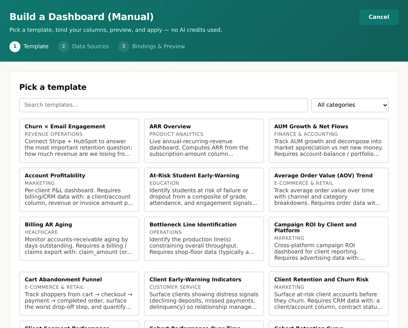 Template picker with templates such as ARR overview and cart abandonment funnel