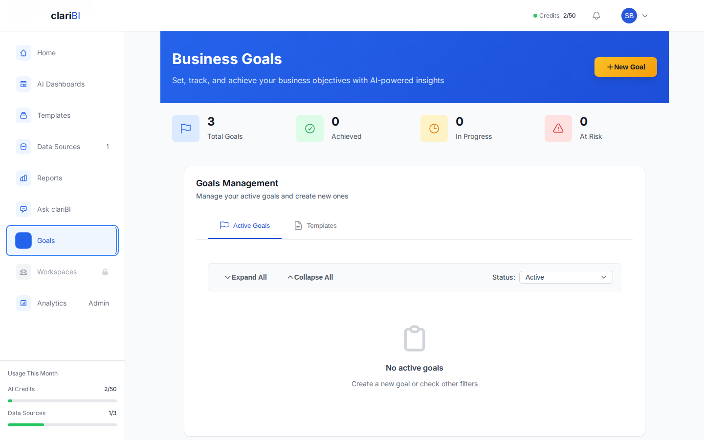 clariBI Business Goals page with goal stats, management tabs, and active goals filter