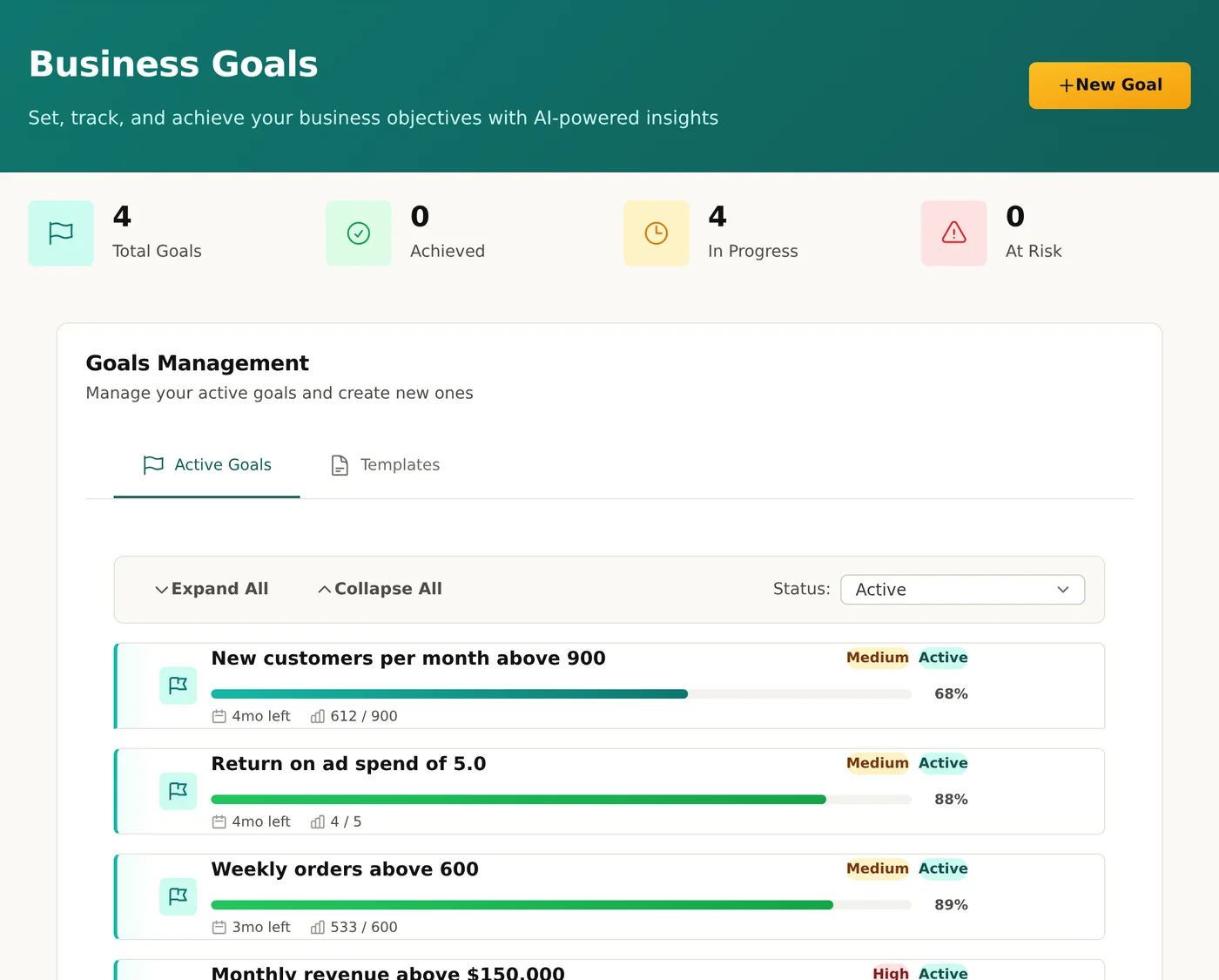 Goals page with progress bars and time left