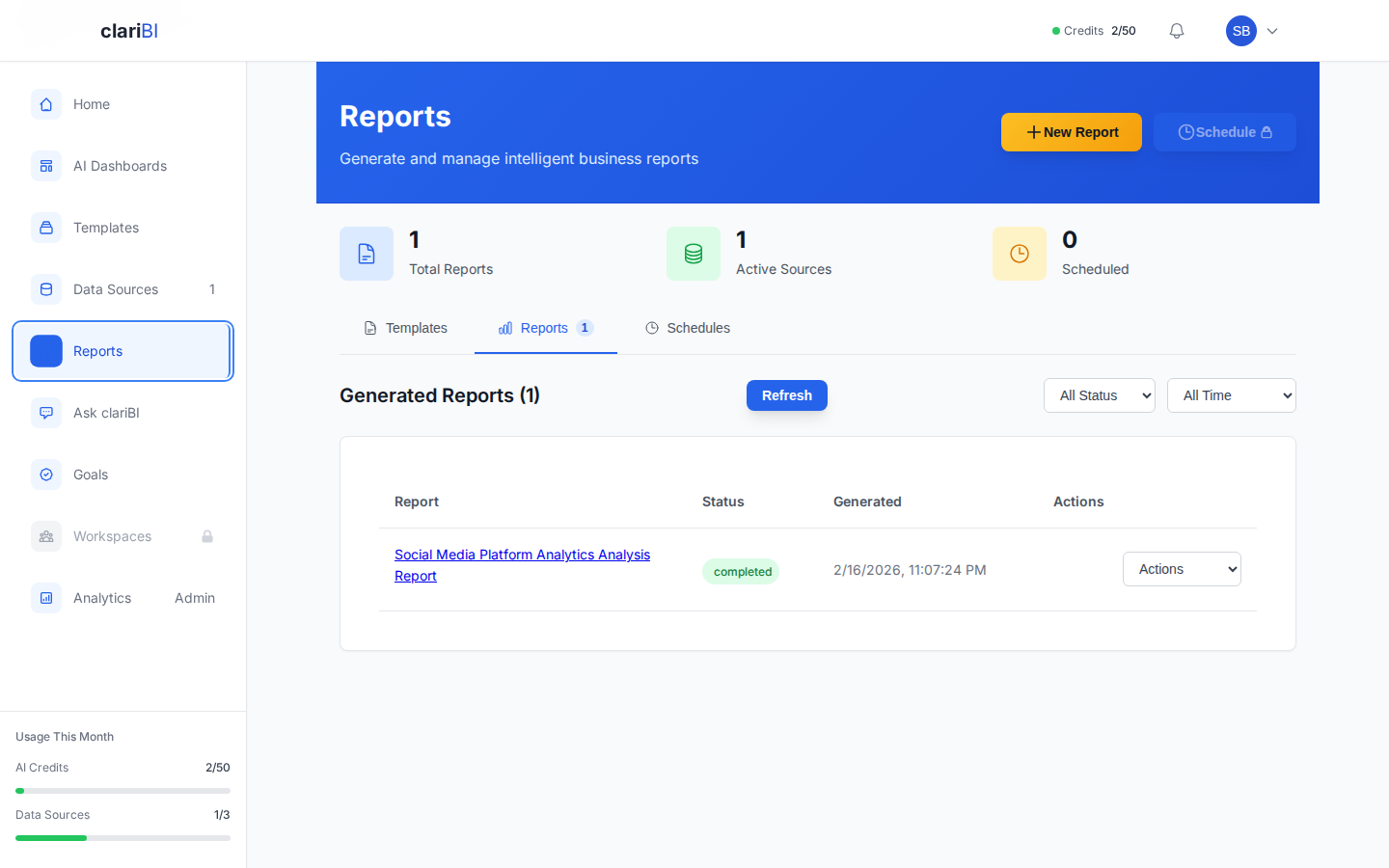 clariBI Reports page showing generated reports list with status and action columns
