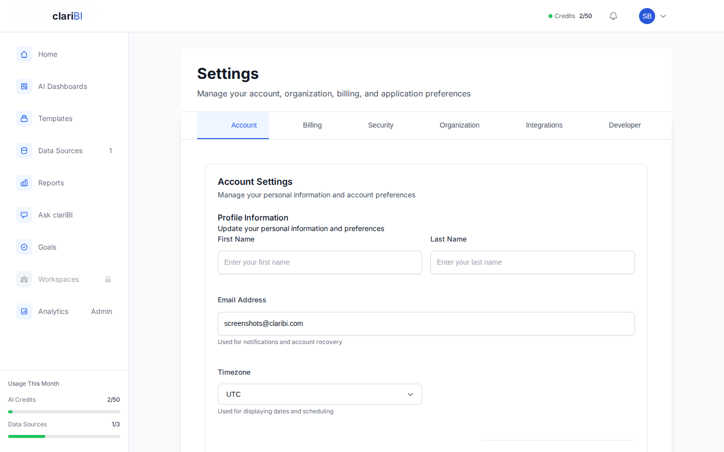clariBI Settings Account tab with profile information and timezone preferences