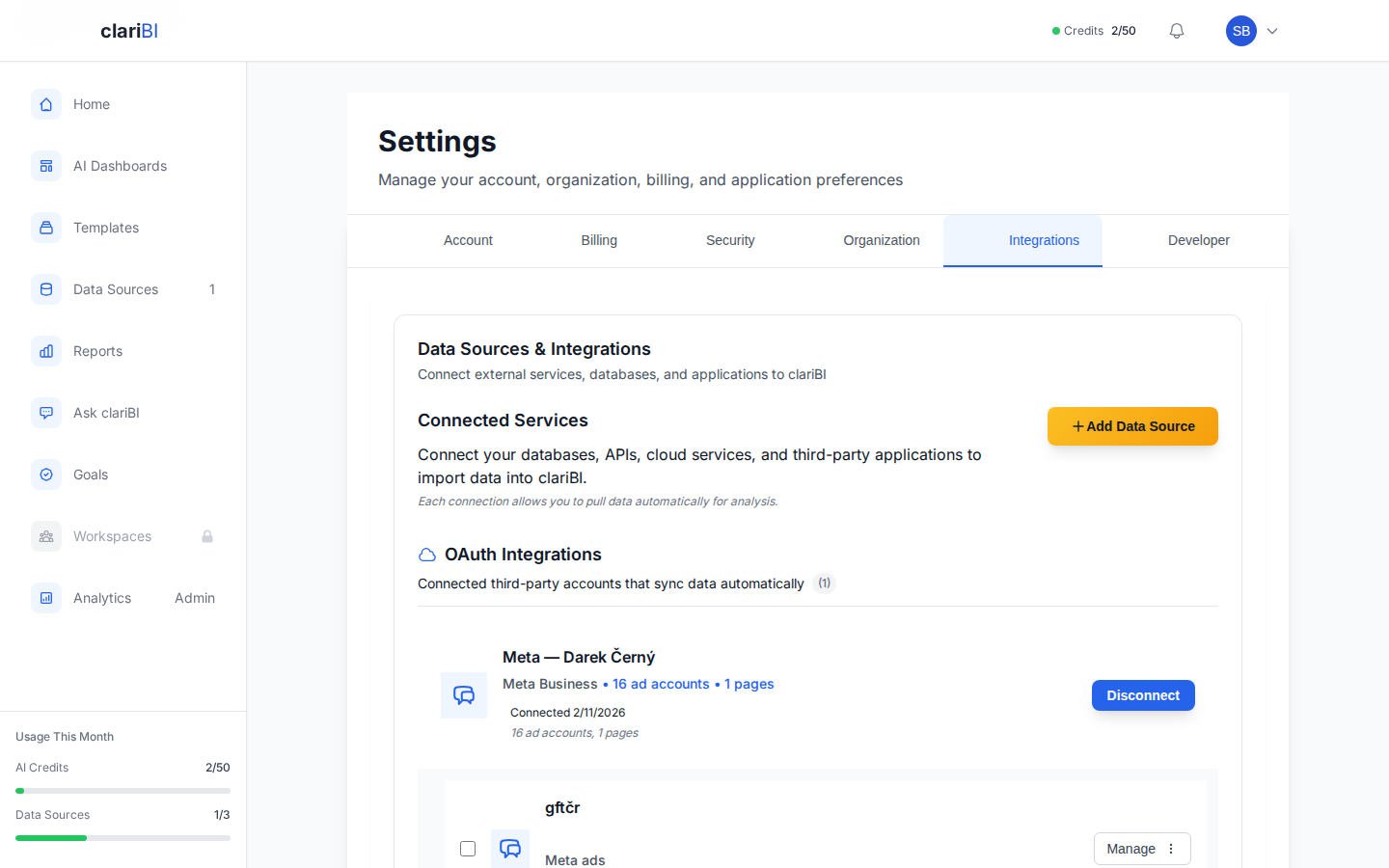 clariBI Settings Integrations tab showing connected OAuth services and Add Data Source button
