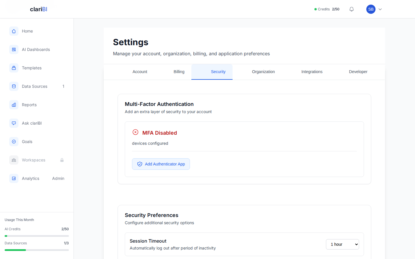 clariBI Settings Security tab showing MFA status and session timeout preferences