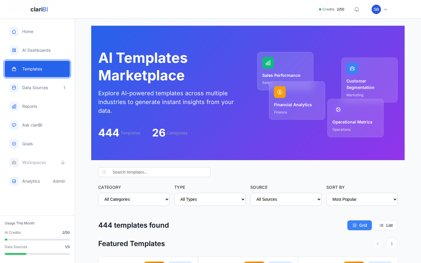 clariBI Templates Marketplace showing category cards, search filters, and template count